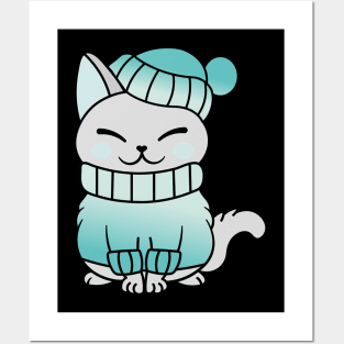 Cute Cozy Colorful Snow Winter Cat Kitty Posters and Art